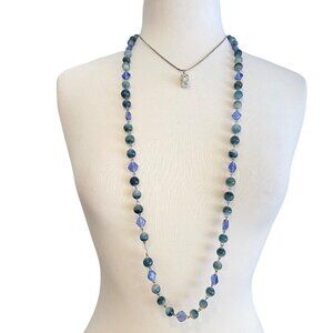 Natural coastal boho Blue Beaded Necklace & Stone Pendant pair arrangement